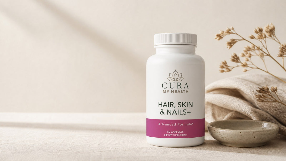Hair, Skin & Nails+ by CuraMyHealth, 5,000 mcg biotin formula, in soft morning light