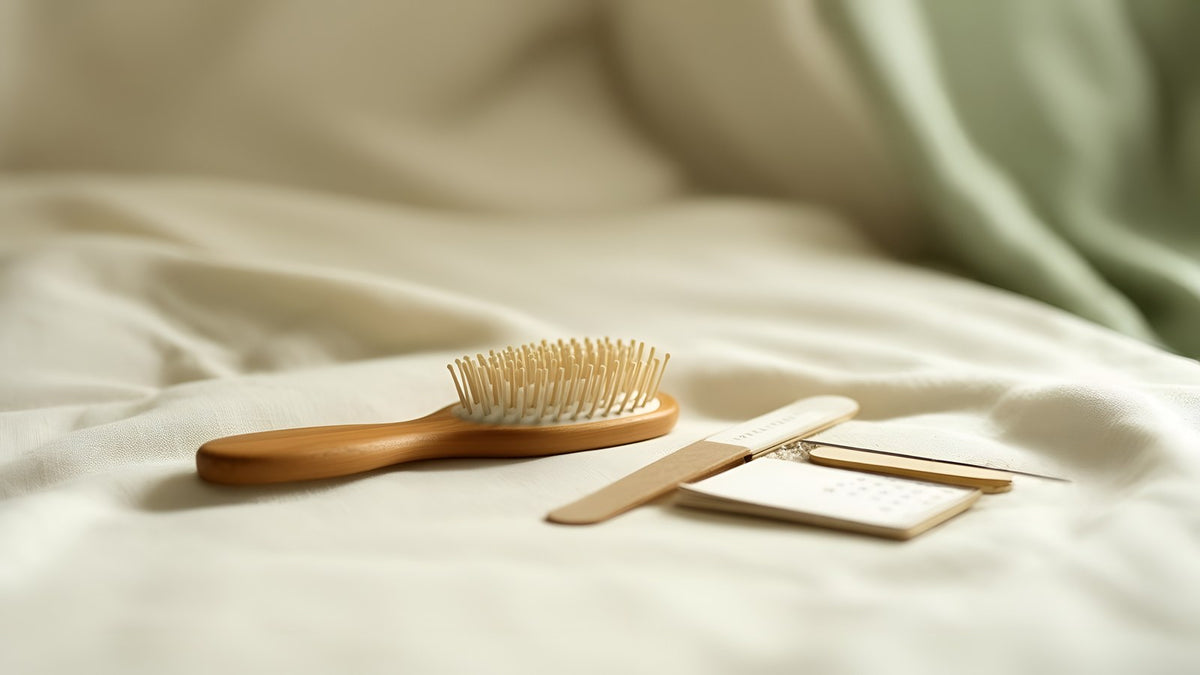 A hairbrush, nail file and paper calendar on linen, a reminder that hair and nails change over months