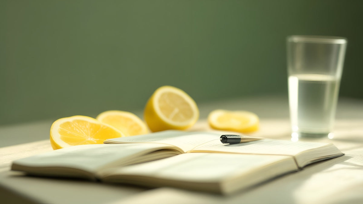 Lemon slices, a glass of water and an open notebook on a kitchen table