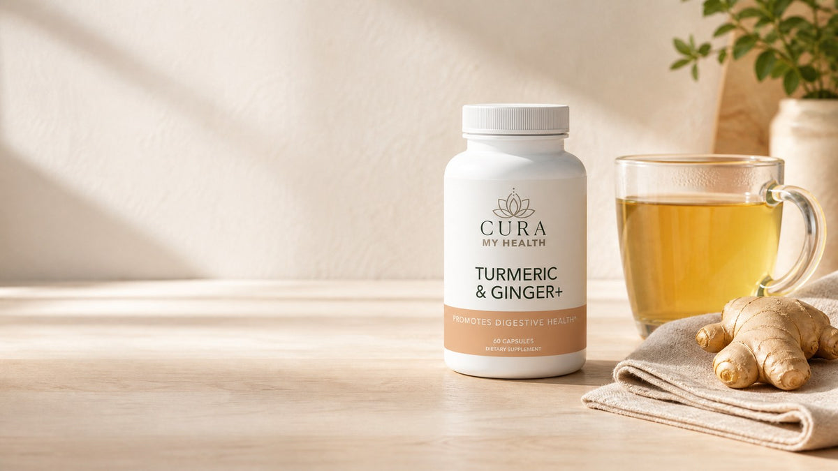 Turmeric & Ginger+ by CuraMyHealth on a kitchen counter, the full label in view