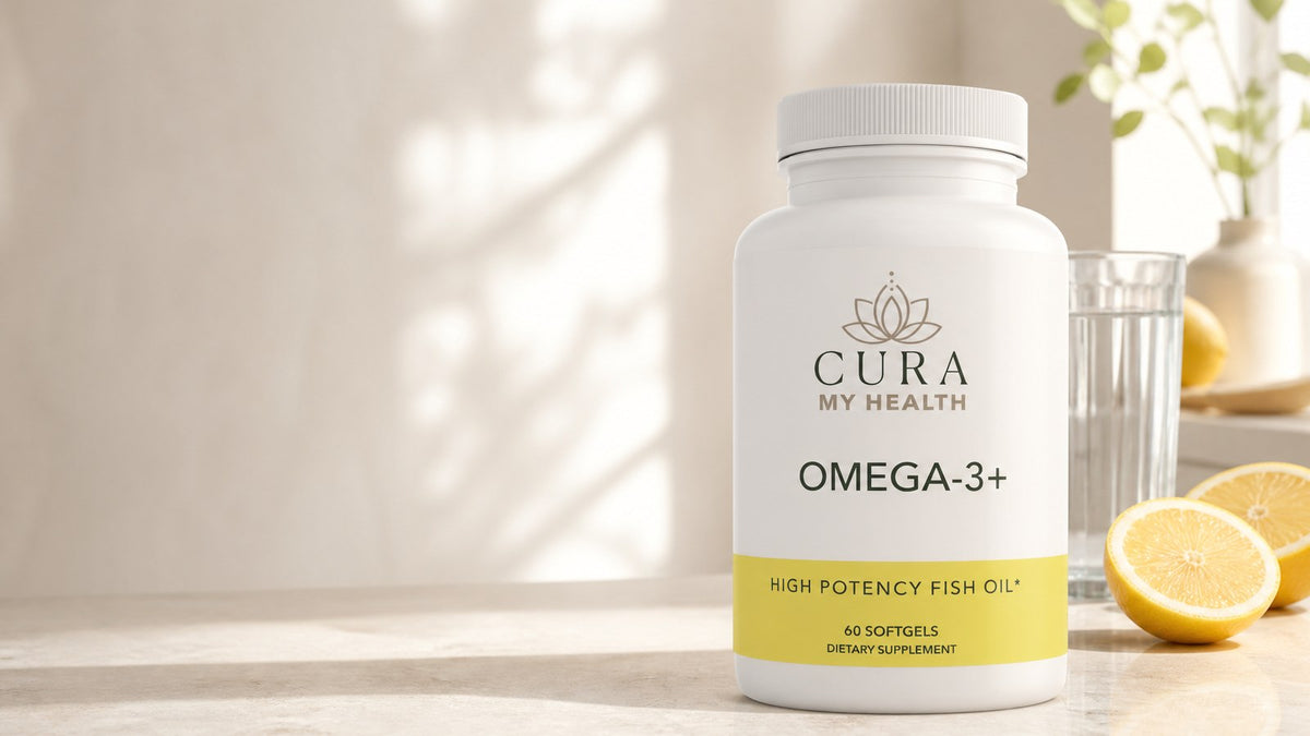 Omega-3+ fish oil by CuraMyHealth on a kitchen counter
