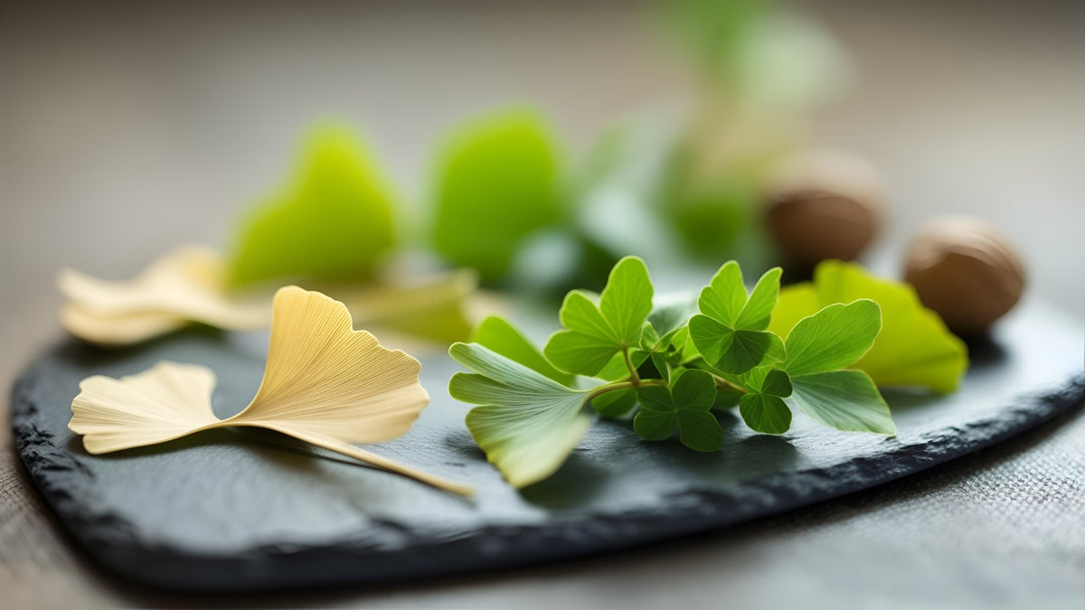 Ginkgo leaves, bacopa and walnuts on a slate board