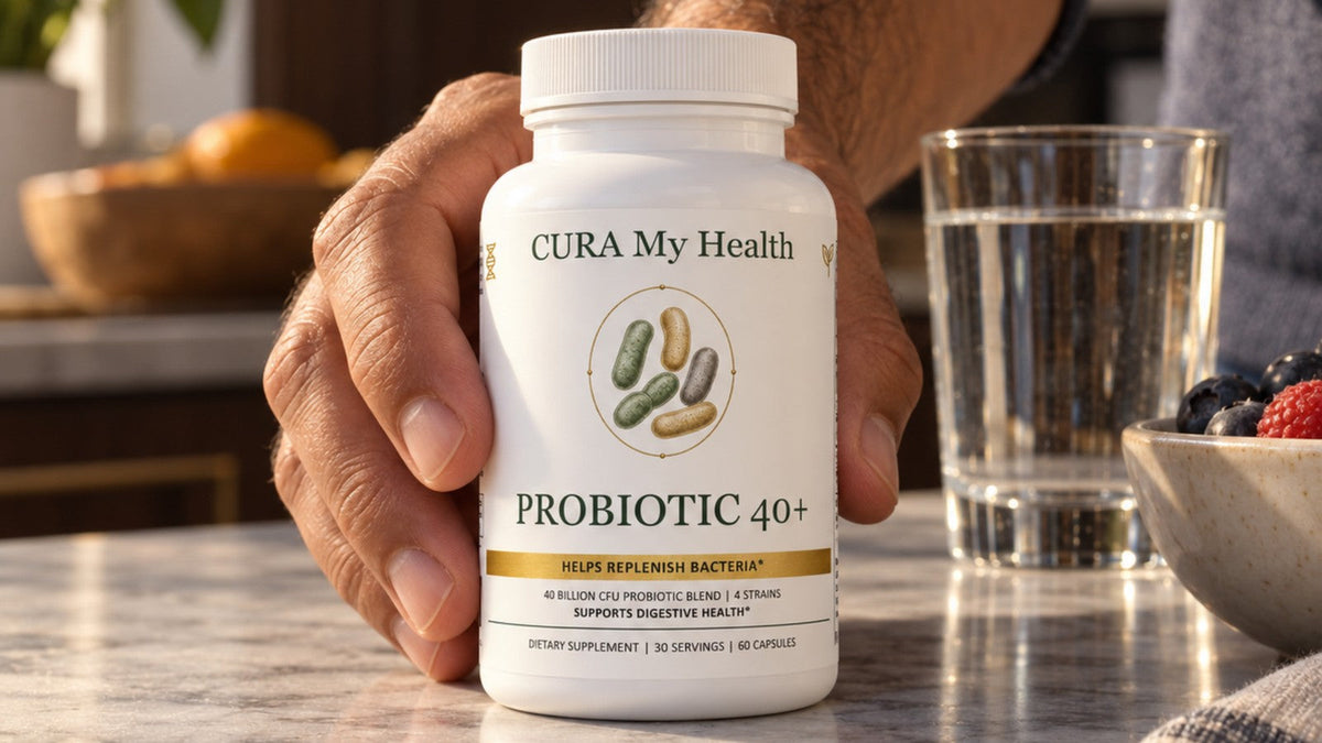 Probiotic 40+ by CuraMyHealth on a kitchen counter