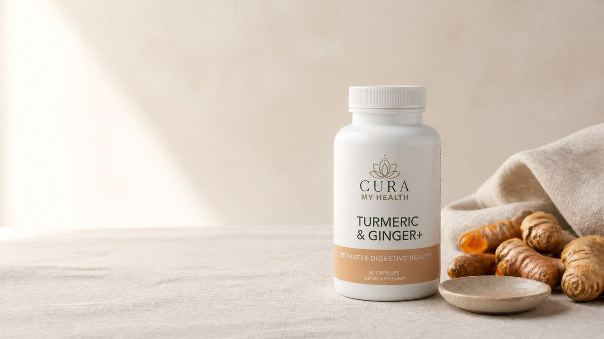 Turmeric & Ginger+ by CuraMyHealth in morning light