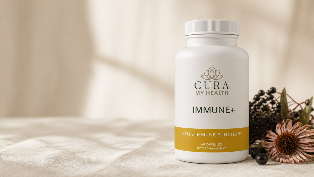 Immune+ by CuraMyHealth on linen, the full ingredient label in view