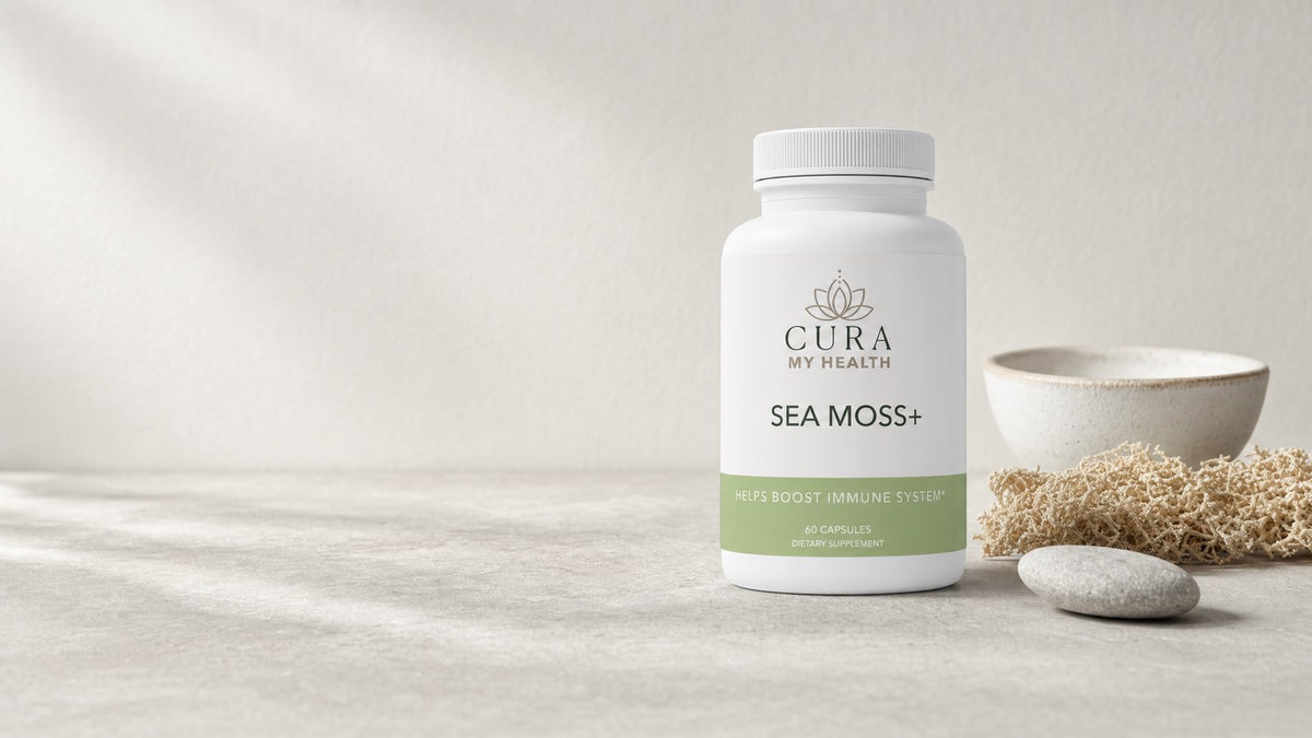 Sea Moss+ by CuraMyHealth in a coastal setting, the full label in view