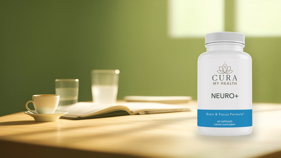 Neuro+ by CuraMyHealth on a morning desk beside coffee, water and a planner