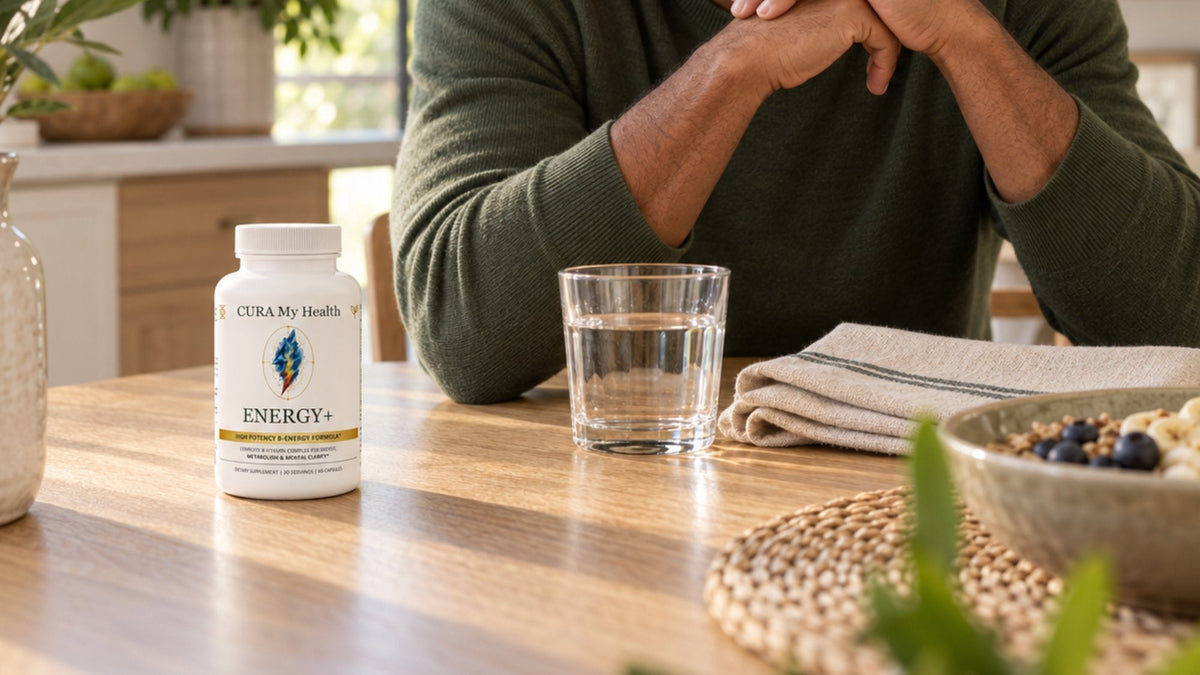 Energy+ bottle on a kitchen counter beside a person with a glass of water in morning light