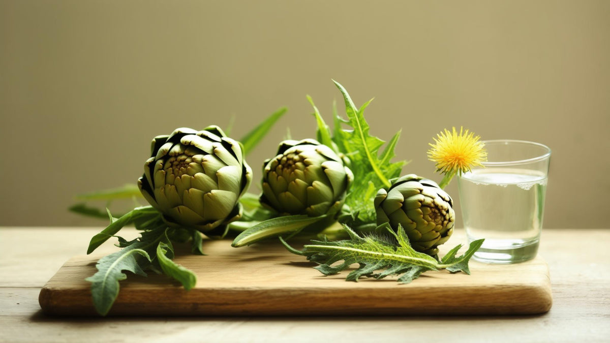 Artichokes, dandelion greens and a dandelion flower on a wooden board beside a glass of water