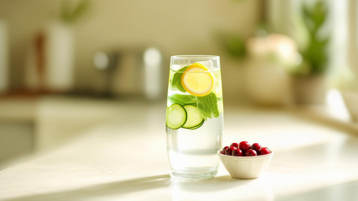A glass of lemon and cucumber water beside cranberries on a bright kitchen counter