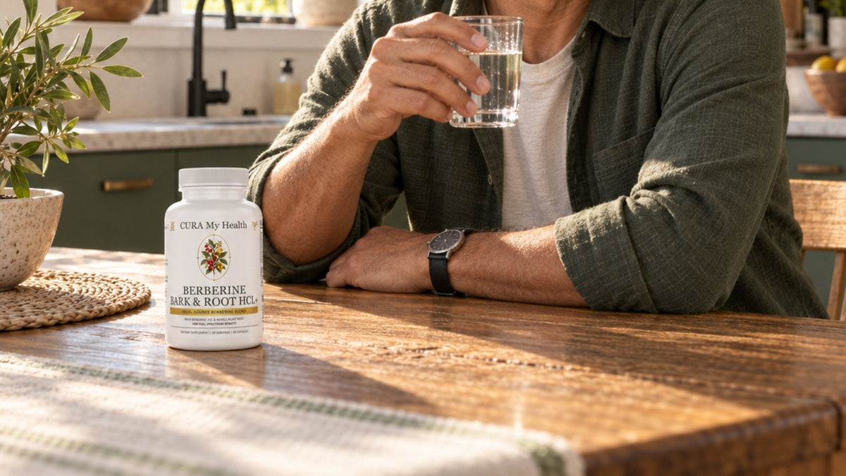 Berberine Bark & Root HCl+ bottle on a kitchen table beside a person drinking a glass of water
