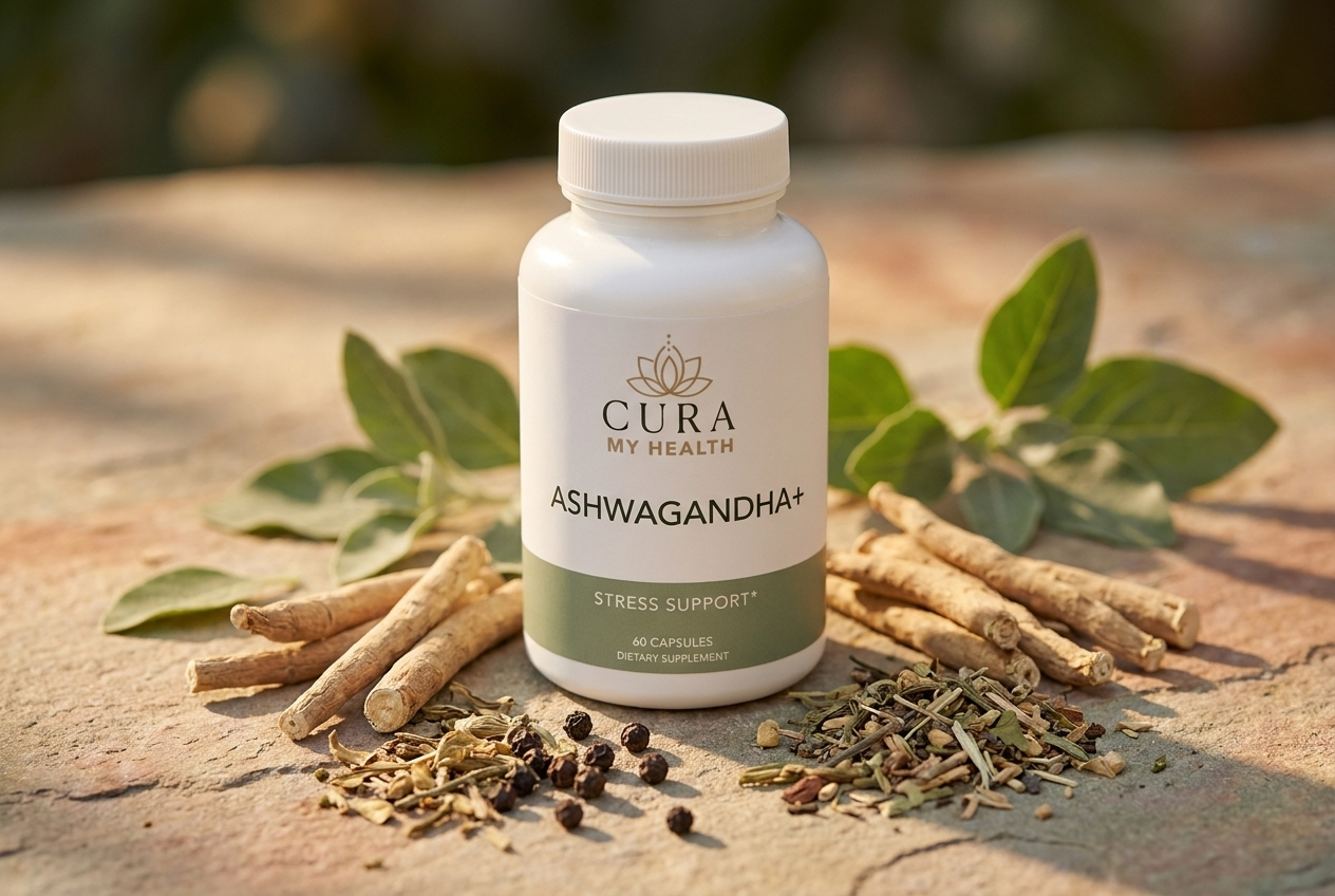 Ashwagandha+ stress-support supplement by CuraMyHealth with ashwagandha root, sage leaves, and black pepper