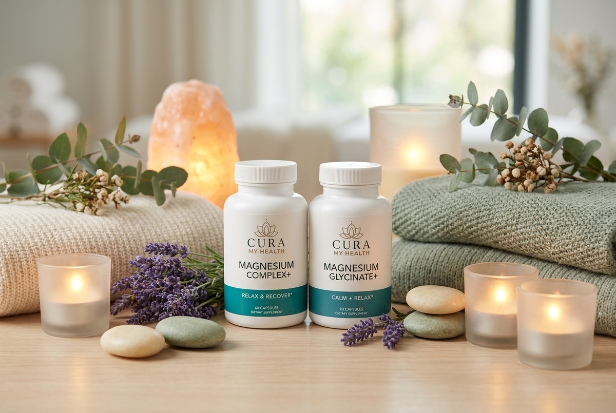 Magnesium Complex+ and Magnesium Glycinate+ by CuraMyHealth in a calm spa setting