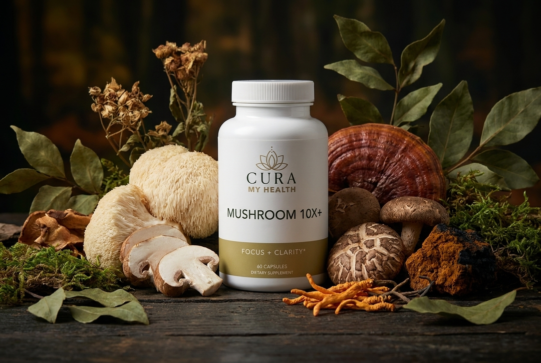 Mushroom 10x+ functional mushroom supplement by CuraMyHealth surrounded by lion's mane, reishi, shiitake, and cordyceps