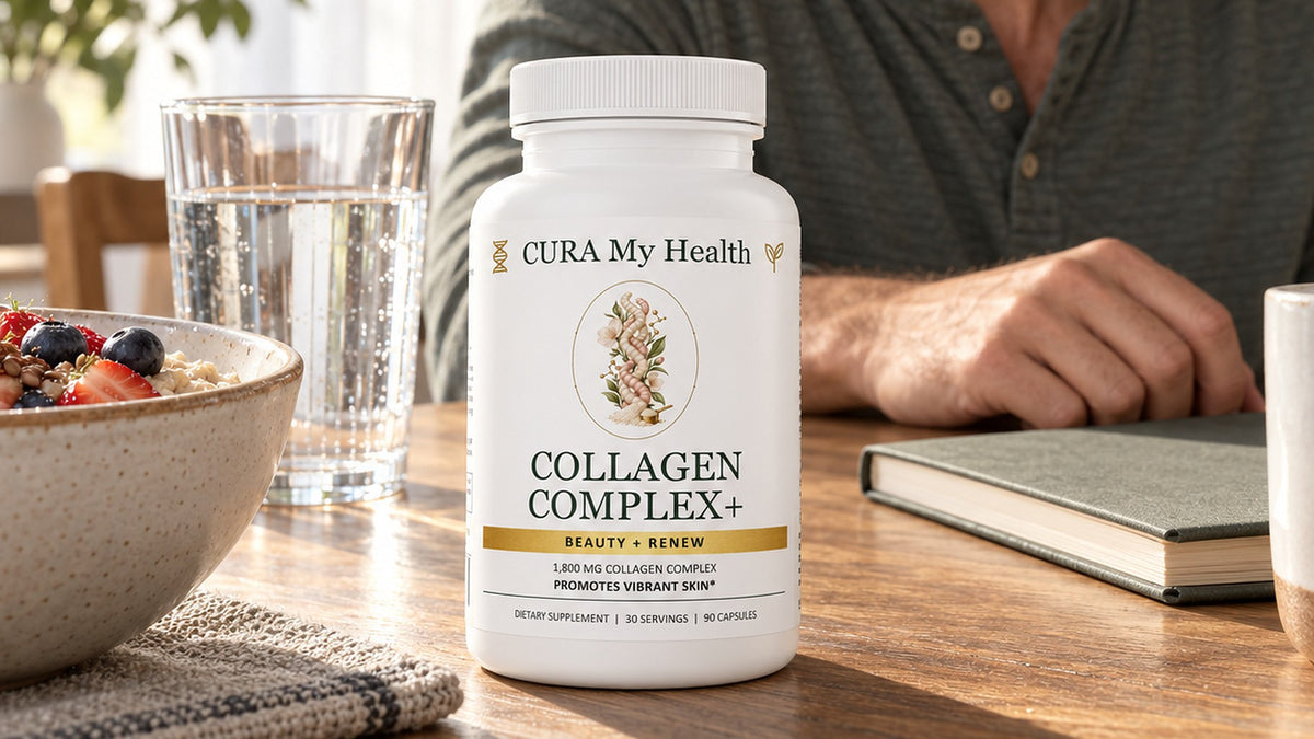 Collagen Complex+ bottle on a breakfast table beside a glass of water, a breakfast bowl and a book