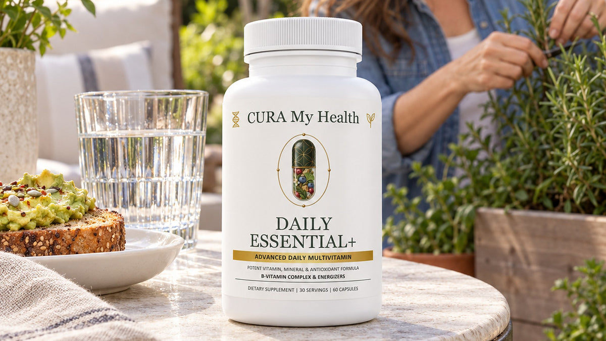 Daily Essential+ bottle on an outdoor table beside avocado toast and a glass of water while a person tends herbs