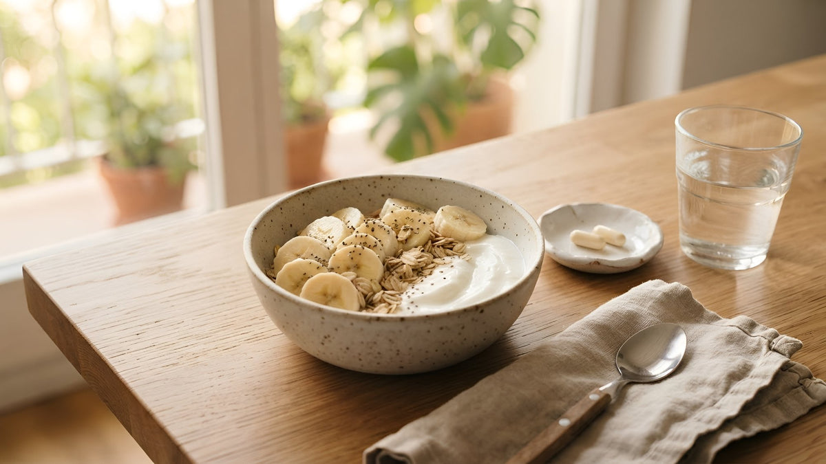 Bowl of yogurt with banana and oats, a dish of two capsules and a glass of water on an oak table