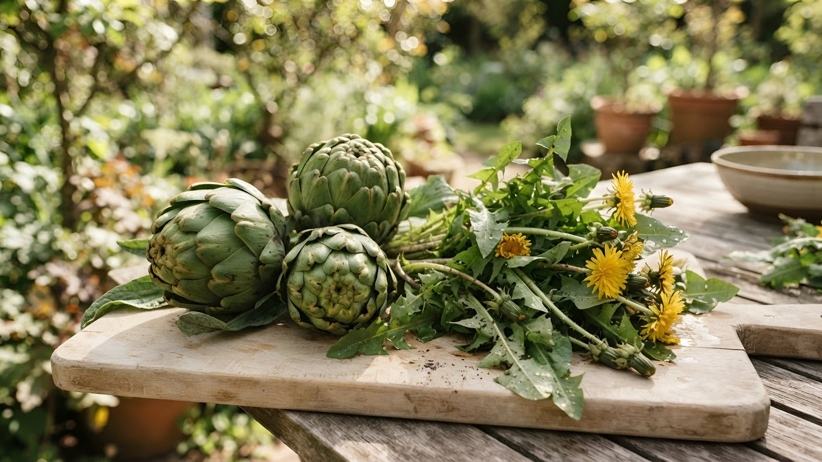 Fresh artichokes and dandelion greens with yellow flowers on a wooden board