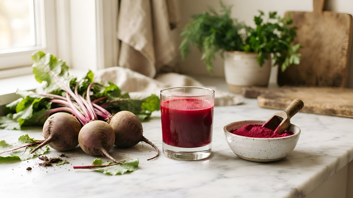 Whole beets, a glass of beet juice and a bowl of beet powder on white marble