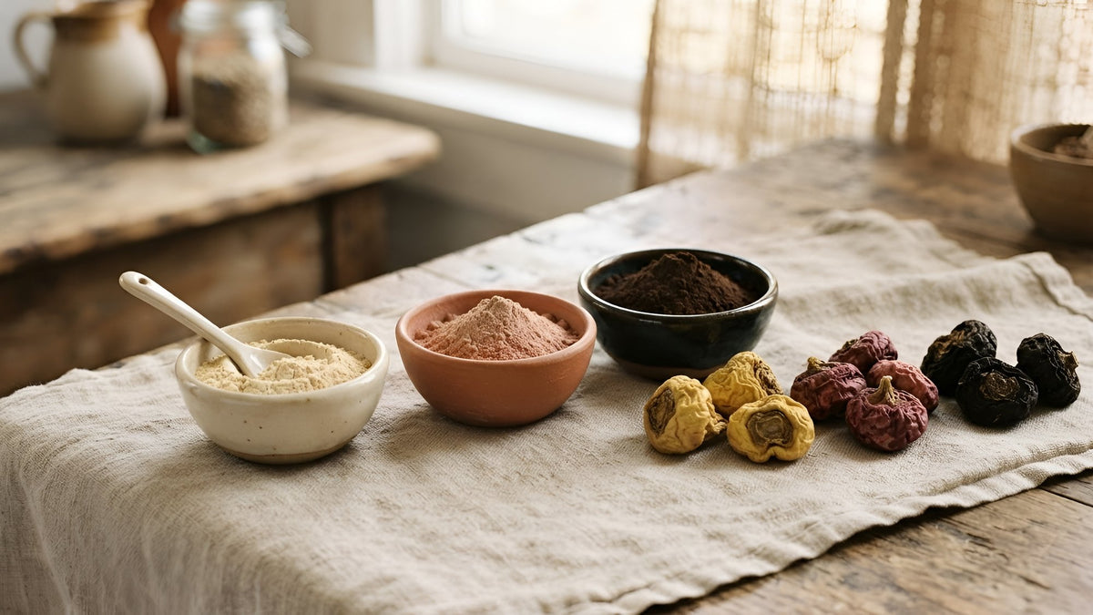 Yellow, red and black maca roots beside three bowls of maca powder on linen