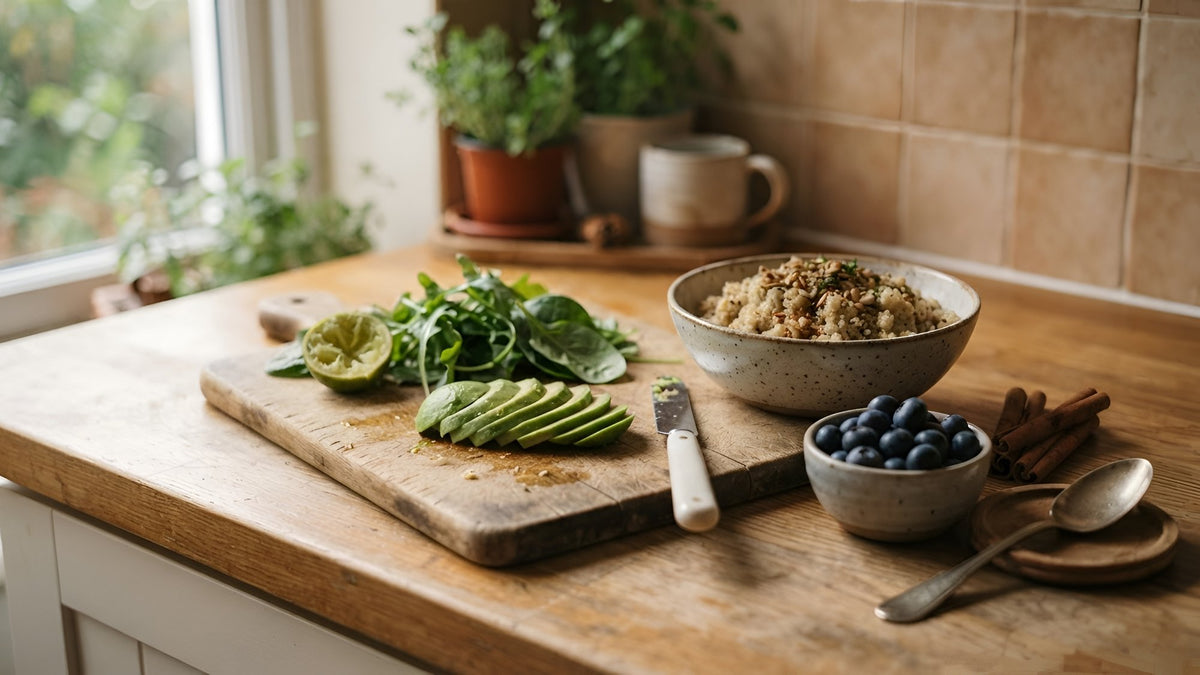 Chopping board with avocado and greens, quinoa, cinnamon sticks and blueberries on a kitchen counter