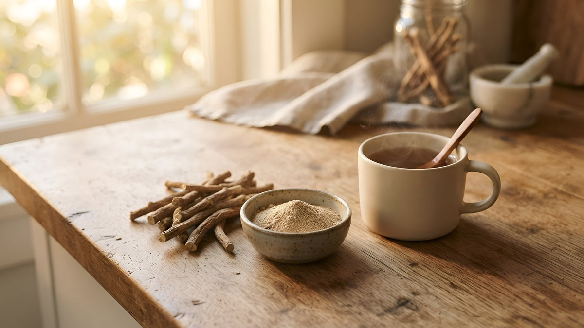 Dried ashwagandha roots, a bowl of powder and a cup of tea on a sunlit kitchen counter