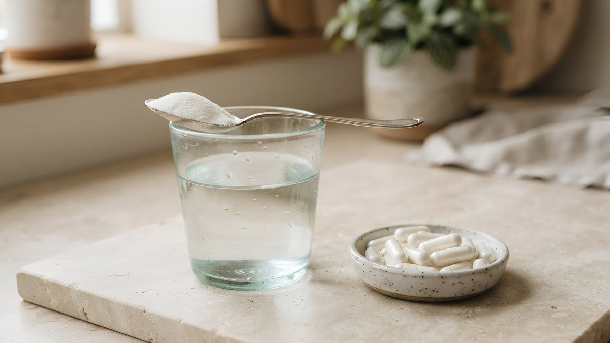 Spoon of white powder on a glass of water beside a dish of white capsules on pale stone