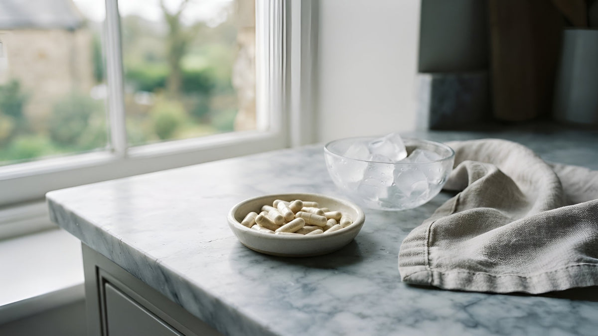 Dish of loose capsules beside a bowl of ice cubes on a cool marble kitchen counter