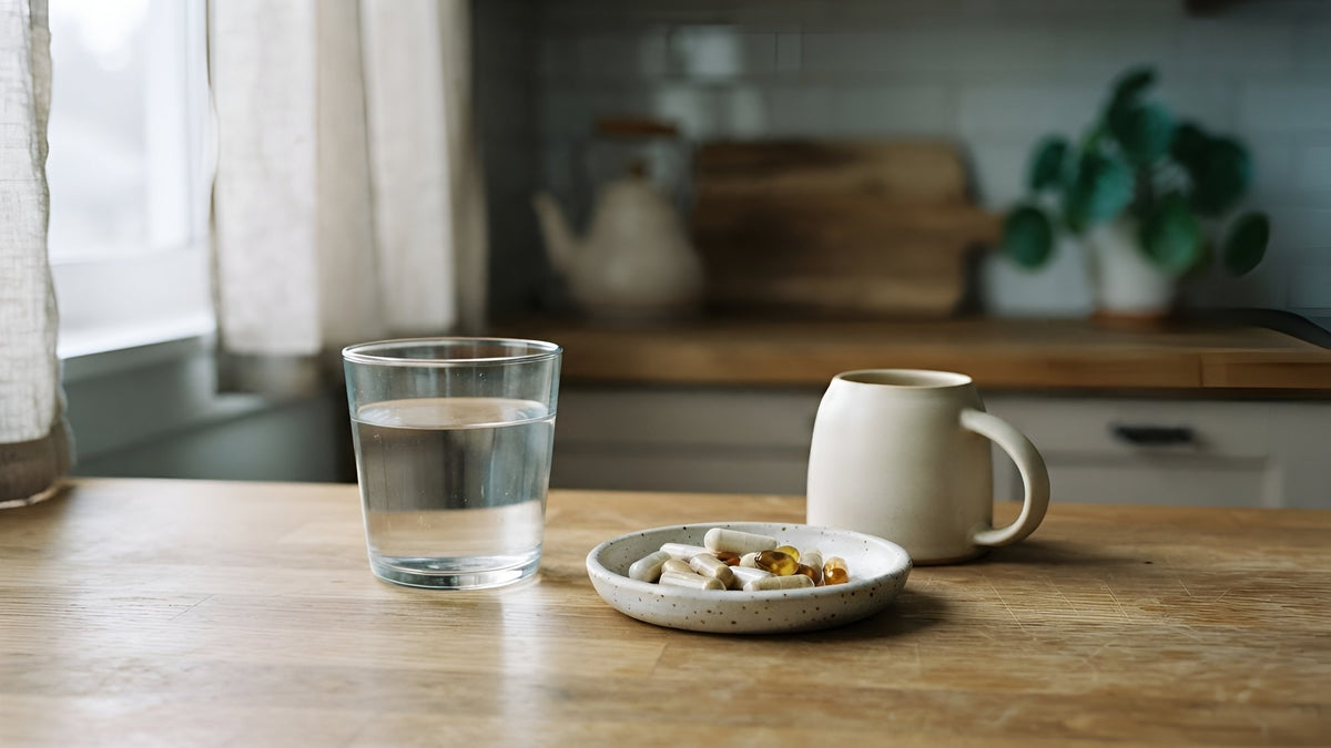 Glass of water, a dish of capsules set aside and an empty cup on a kitchen counter at dawn