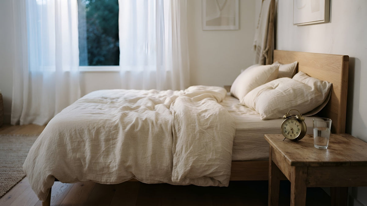 Rumpled linen bed at dawn with an alarm clock and a glass of water on the nightstand