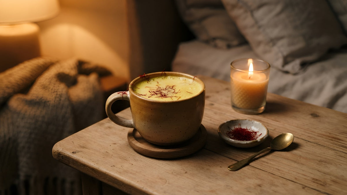 Cup of warm saffron milk, a dish of saffron threads and a candle on a bedside table