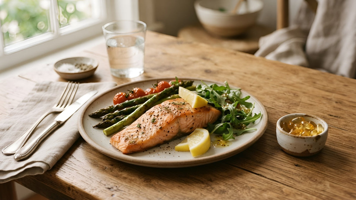 Plate of grilled salmon with lemon and greens beside a dish of golden softgels