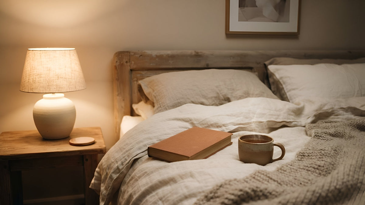 Closed book on a soft duvet beside a glowing bedside lamp and a mug of herbal tea