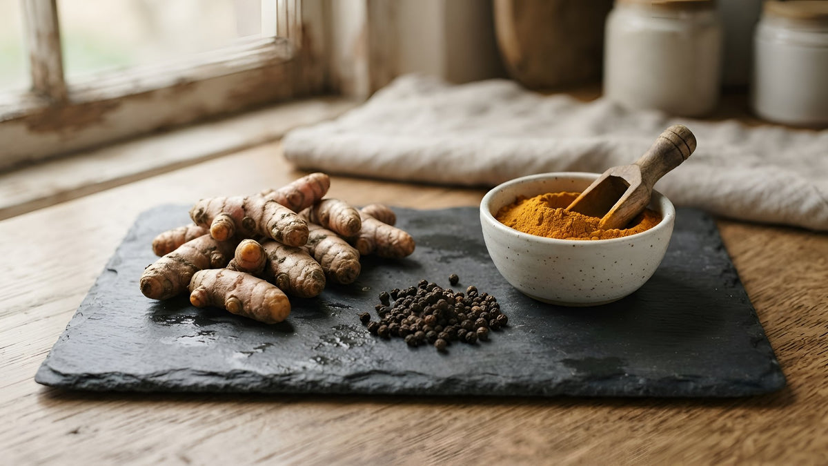 Fresh turmeric roots, black peppercorns and a bowl of turmeric powder on dark slate