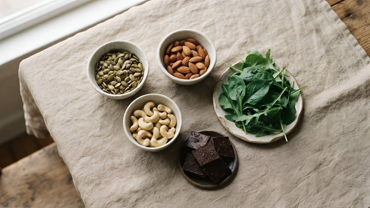 Bowls of pumpkin seeds, almonds and cashews with leafy greens and dark chocolate on linen
