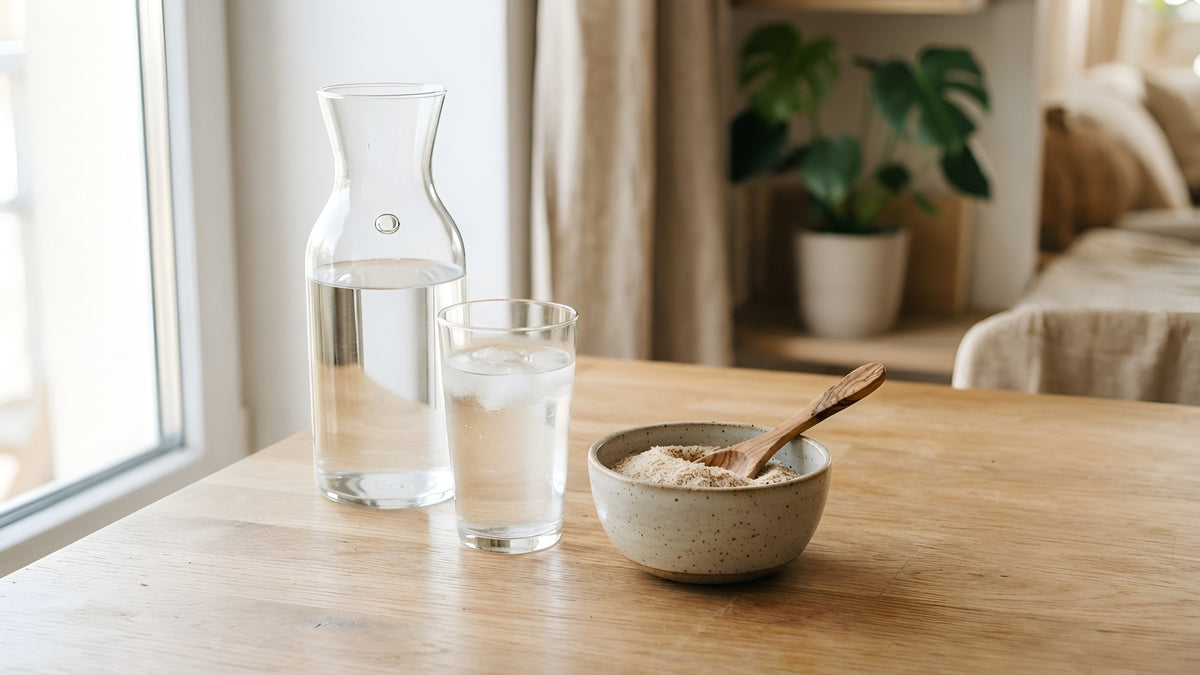 Glass of water and a carafe beside a small bowl of psyllium husk on a wood table