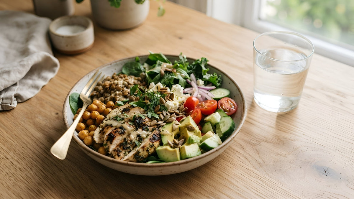 Lunch bowl of chicken, chickpeas, lentils, greens and avocado with a glass of water