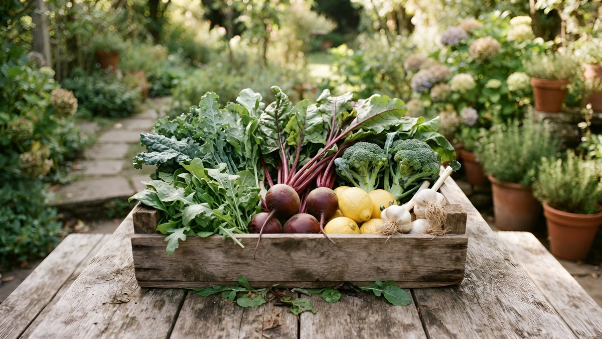 Wooden crate of leafy greens, beets, broccoli, lemons and garlic on a rustic table