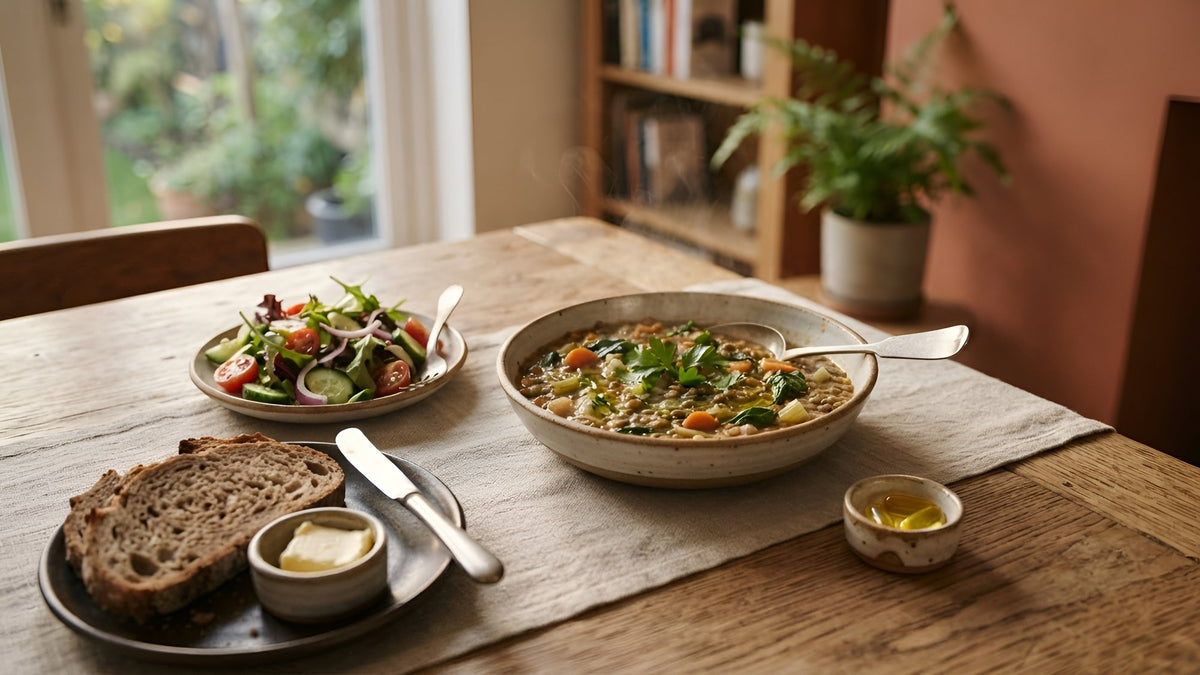 Lentil stew, salad and bread on a dining table with two capsules in a small dish