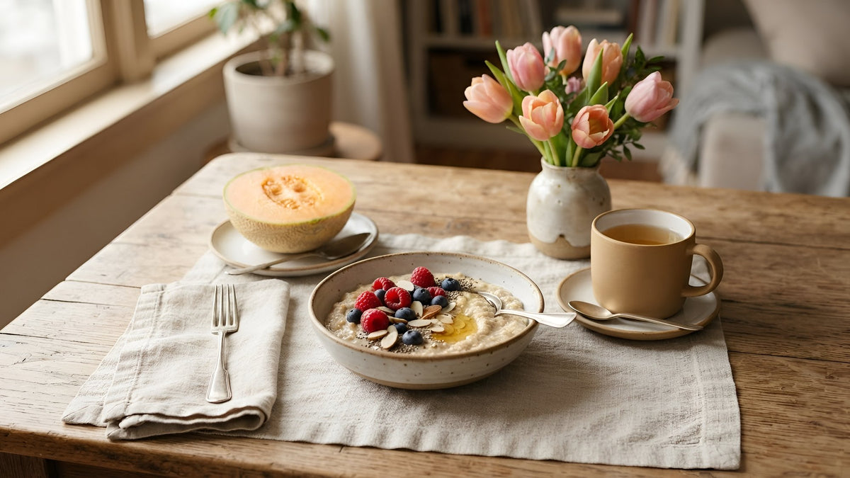 Breakfast table with oatmeal and berries, tea, cantaloupe and a vase of tulips