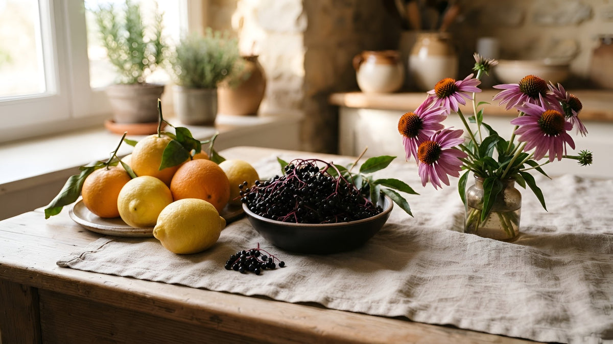 Citrus fruits, a bowl of elderberries and purple echinacea flowers on linen