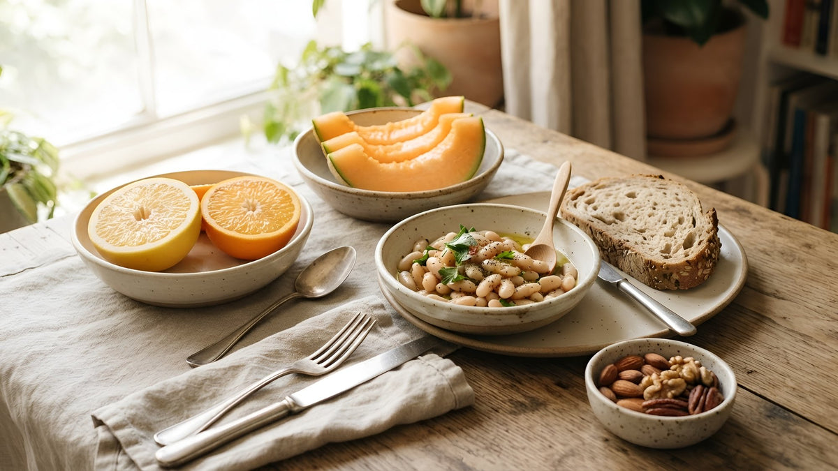 Sunny breakfast table with citrus, cantaloupe, beans, whole-grain bread and nuts