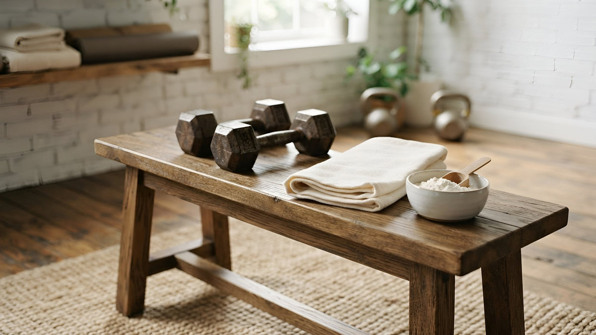 Dumbbells on a bench beside a towel and a small bowl of white powder with a scoop