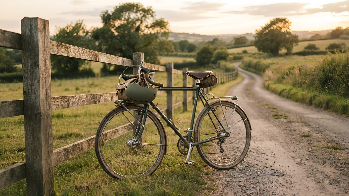 Bicycle with a helmet leaning on a wooden fence on a country road at golden hour