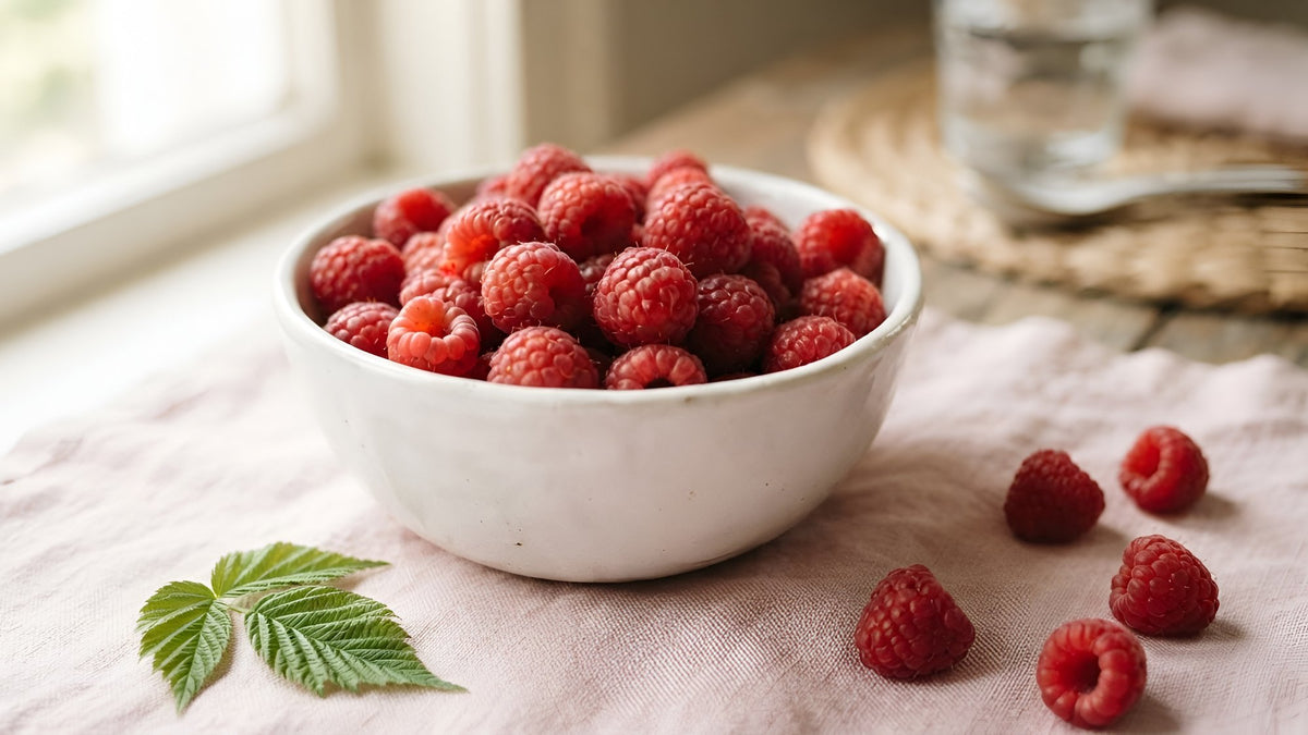 Bowl of fresh raspberries with a few scattered on pale pink linen