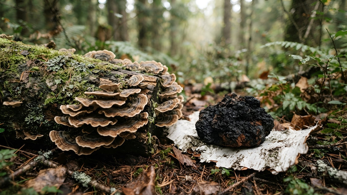Turkey tail mushrooms on a mossy log beside chaga on birch bark