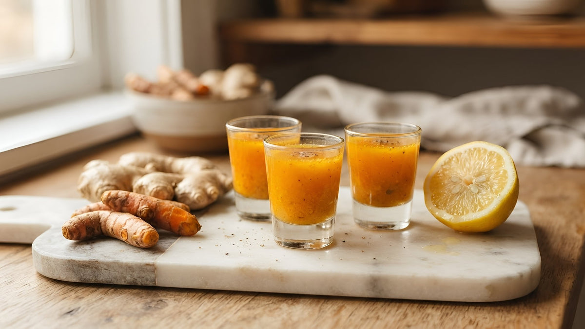 Turmeric-ginger shots beside fresh turmeric, ginger and lemon on white marble