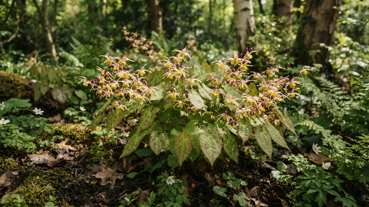 Epimedium plant with heart-shaped leaves and small yellow-pink flowers in a garden