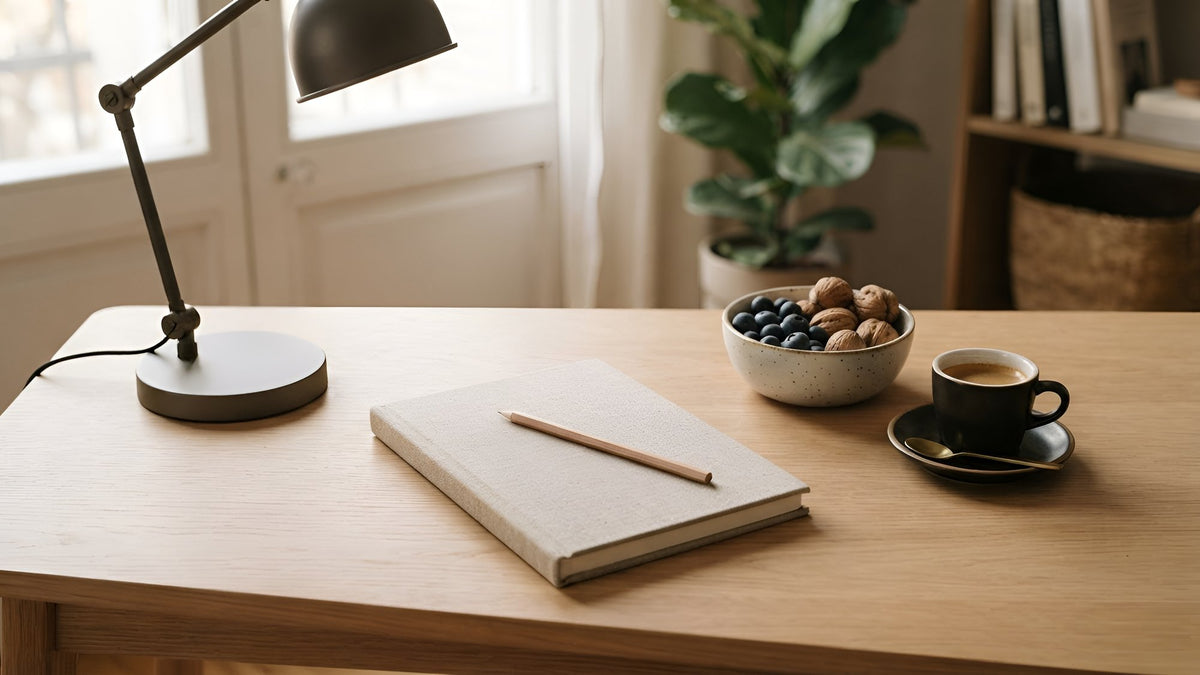 Tidy oak desk with a lamp, a closed notebook and pencil, walnuts and blueberries and an espresso