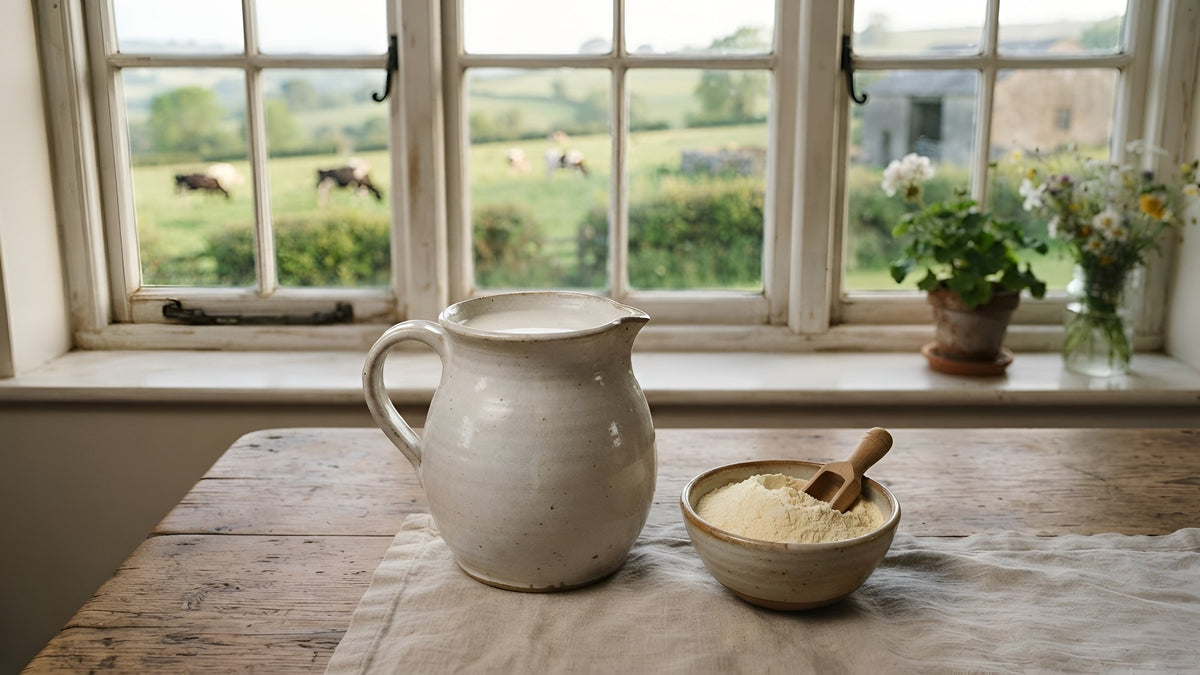 Pitcher of milk and a bowl of pale powder on a farmhouse table, green pasture through the window